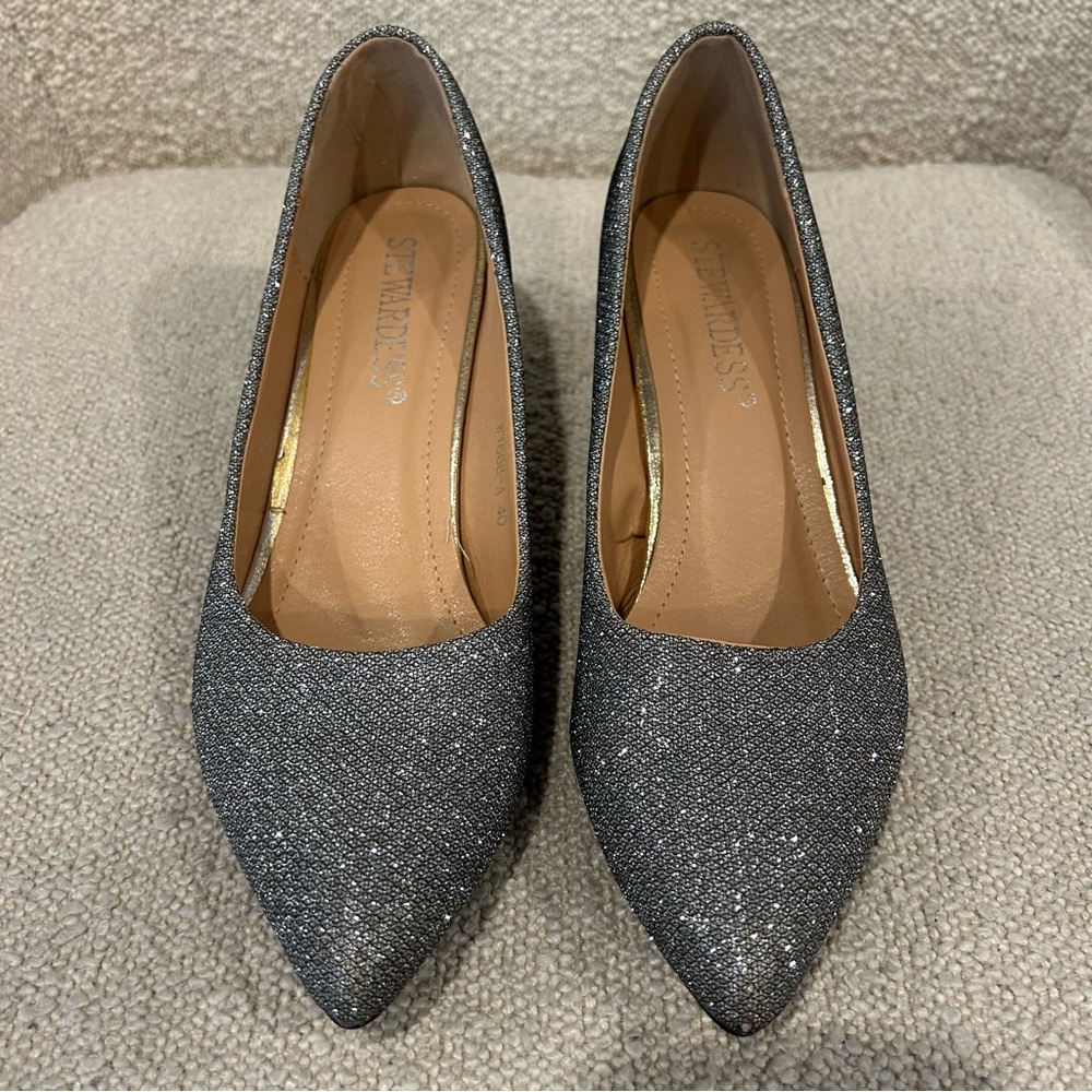 Silver Metallic Sparkle Glitter Kitten Heels Shoes